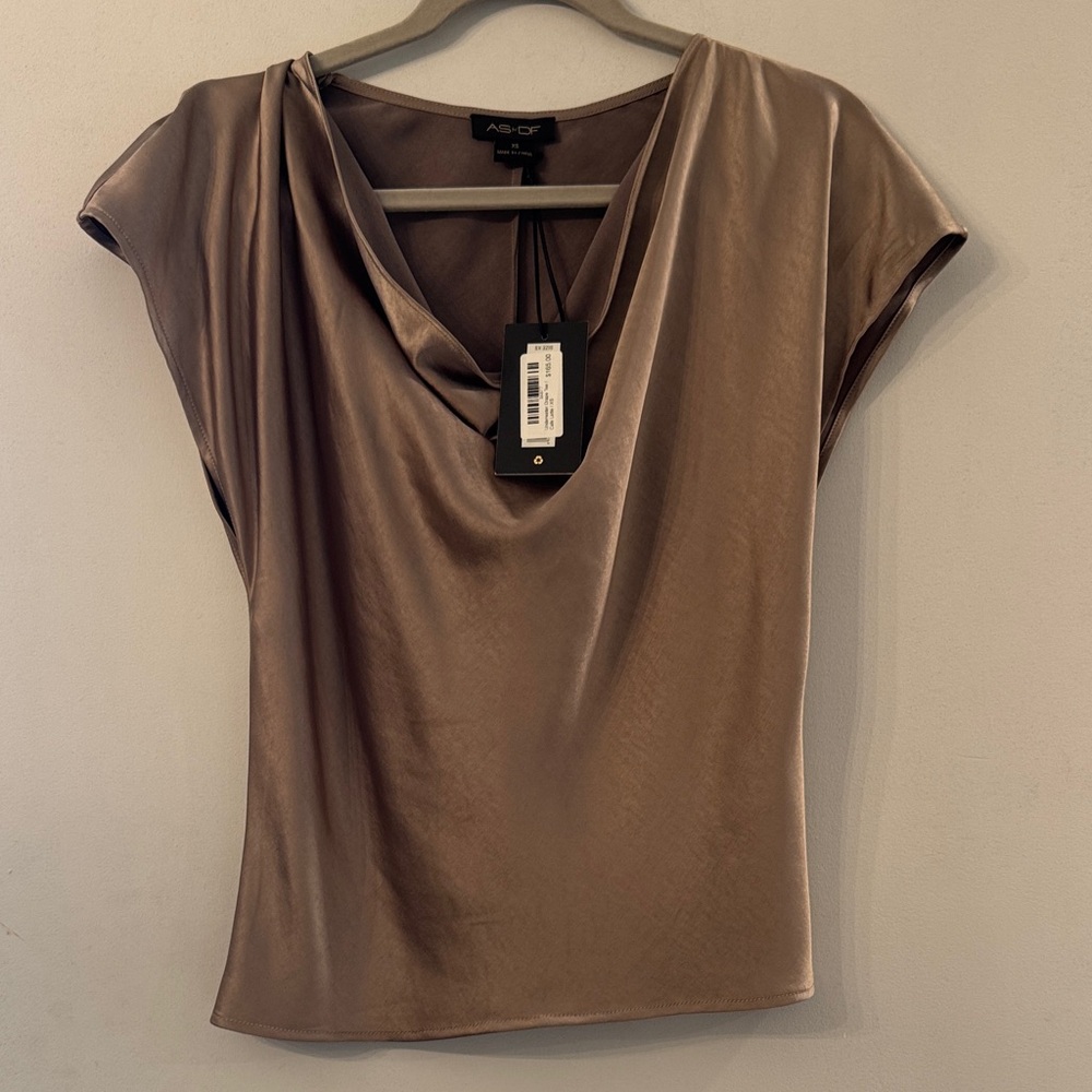 NWT AS by DF size XS Satin Tan Cowl Neck Blouse